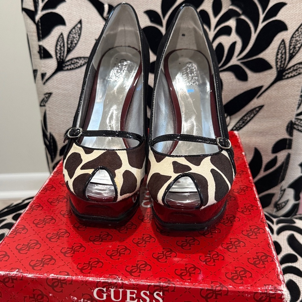 Guess Black and Brown Animal Print Peep Toe Heels
